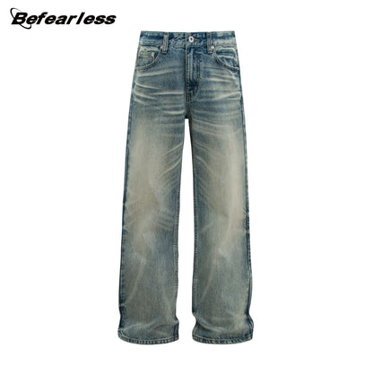 Washed Whisker Straight Wide Leg Denim Jeans WN26356