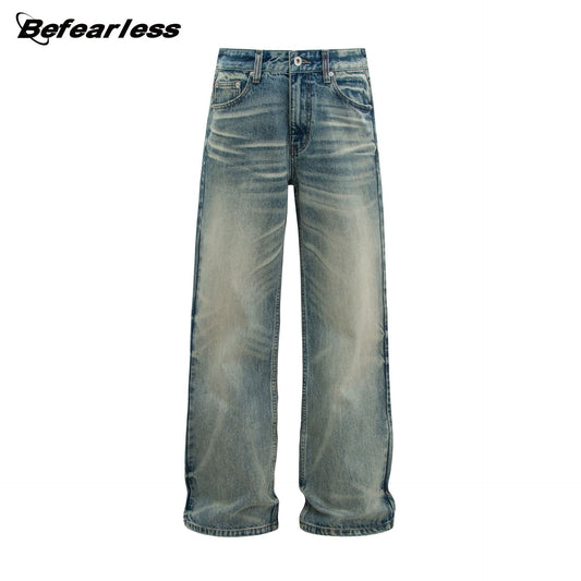 Washed Whisker Straight Wide Leg Denim Jeans WN26356