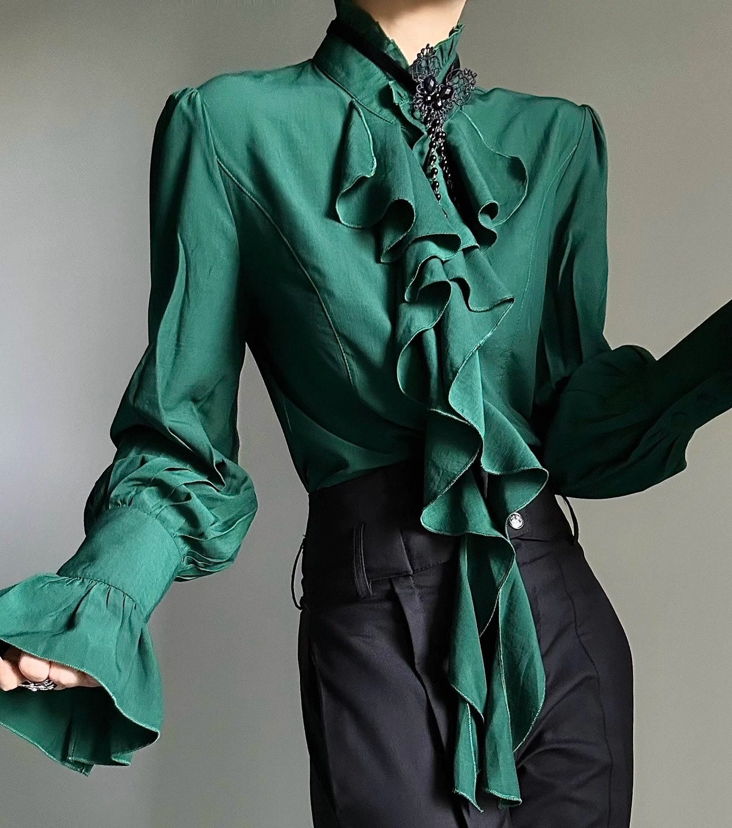 Standing-Collar Ruffle Drape Long Sleeve Shirt WN23140