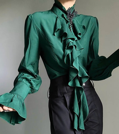 Standing-Collar Ruffle Drape Long Sleeve Shirt WN23140