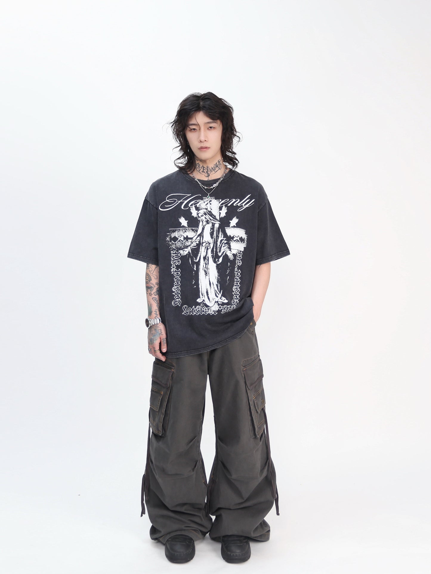 Cross Print Damage Short Sleeve T-Shirt WN24462