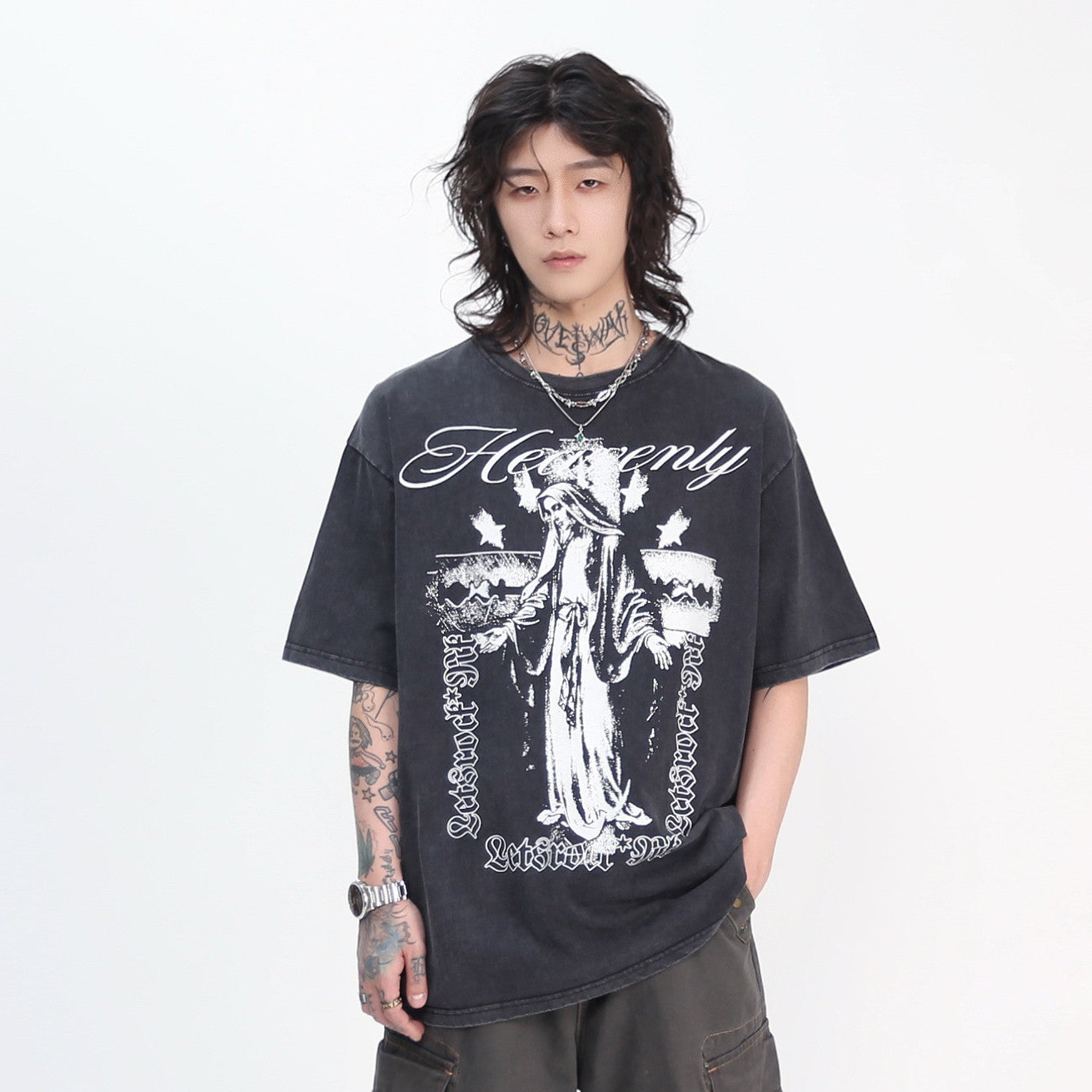 Cross Print Damage Short Sleeve T-Shirt WN24462