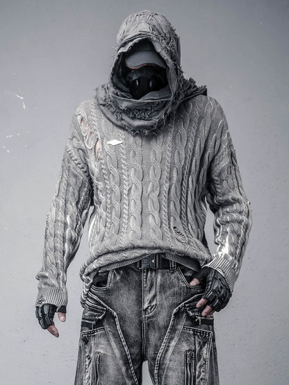 Hooded Oversize Damage Tassel Cable Knit Sweater WN22423