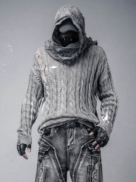 Hooded Oversize Damage Tassel Cable Knit Sweater WN22423