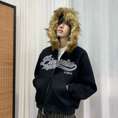 Fake Fur-Collar Letter Embroidery Hoodie WN22241