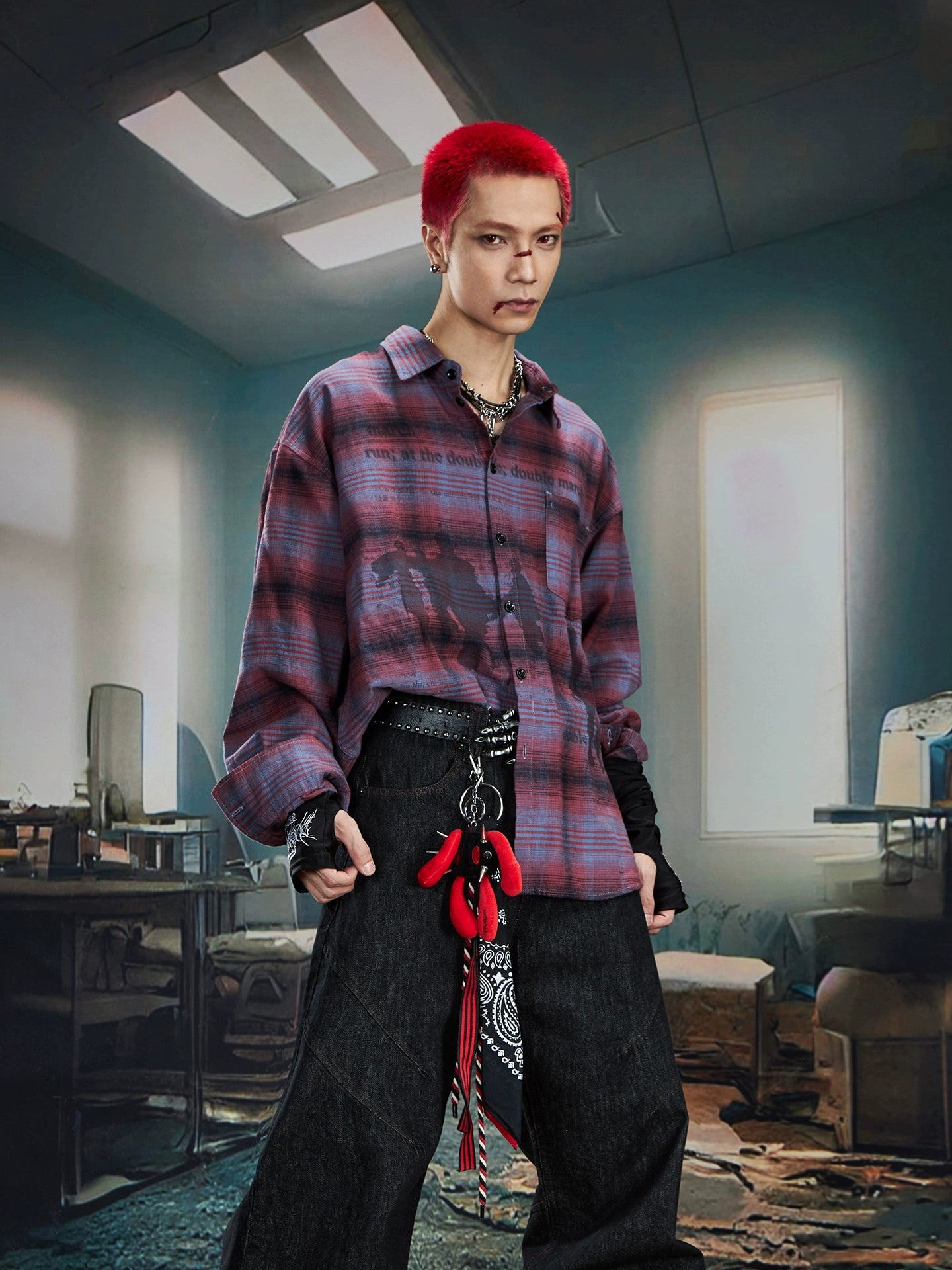 Plaid Color Block Print Oversize Long Sleeve Shirt WN20566