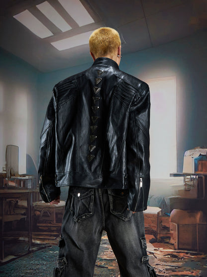 Splicing Stand Neck Zipper PU Leather Jacket WN21339