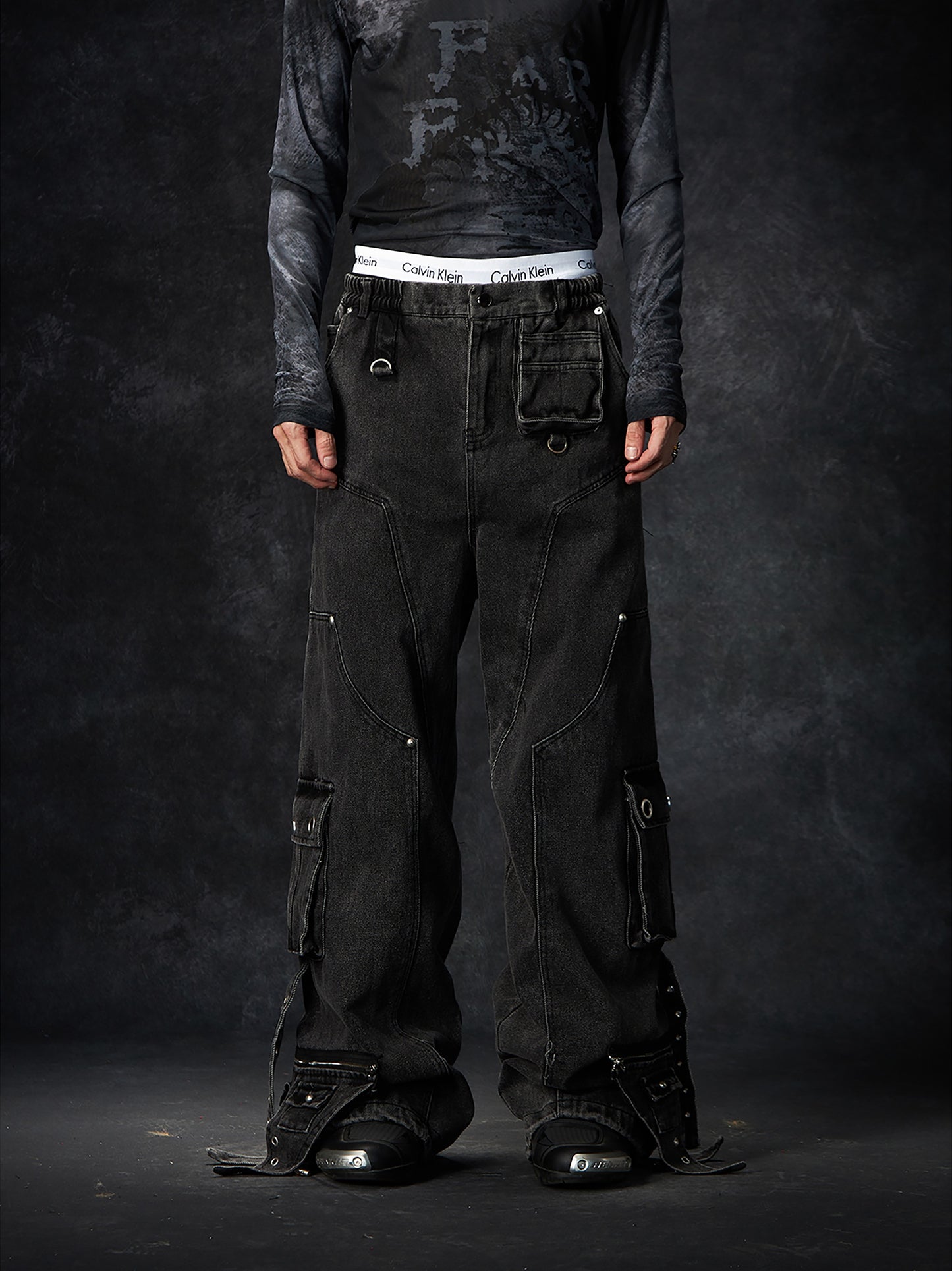 Multi-pocket Strap Washed Damage Wide Leg Denim Jeans WN15246