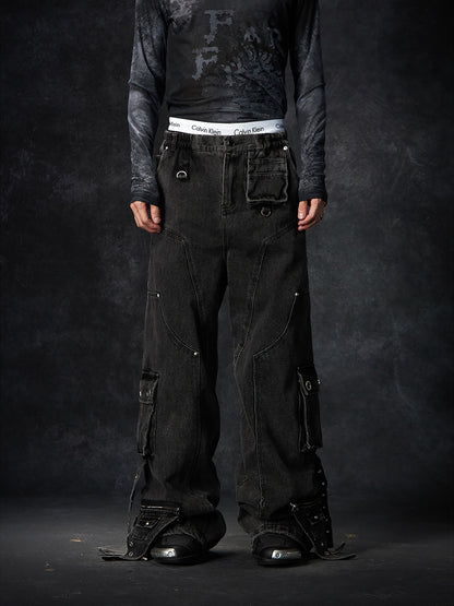 Multi-pocket Strap Washed Damage Wide Leg Denim Jeans WN15246