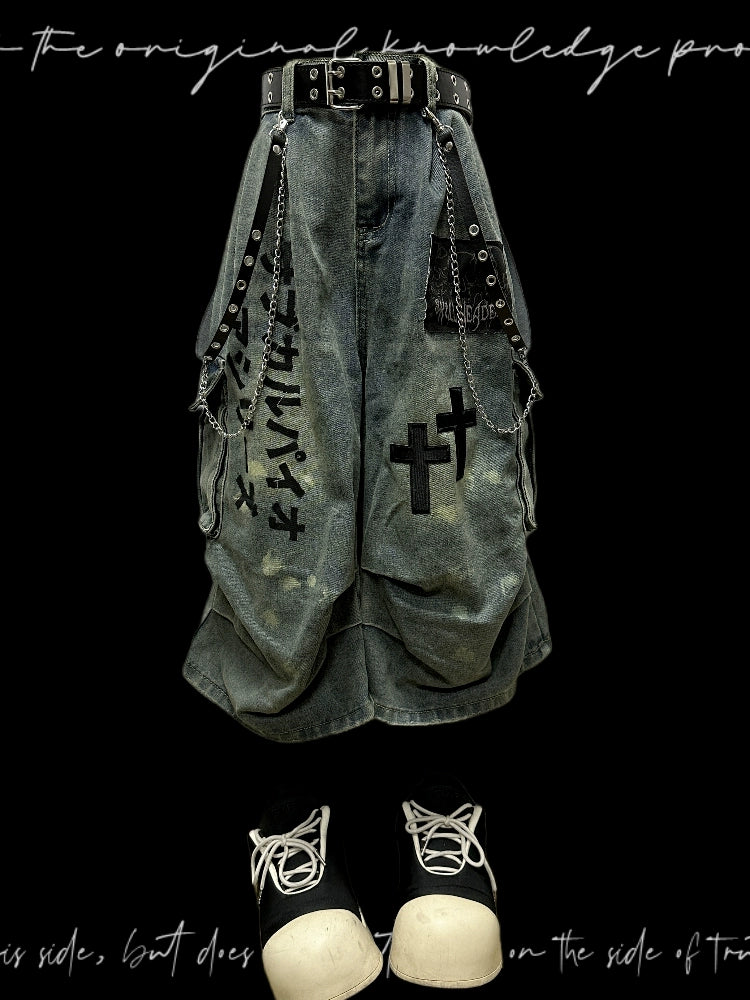 Washed Pleats Patch Wide Leg Cargo Half Denim Jeans & Belt & Chain WN20102