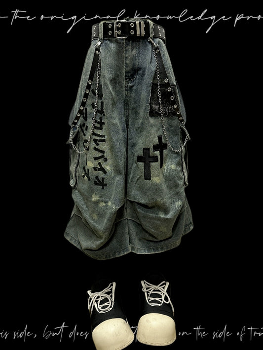 Washed Pleats Patch Wide Leg Cargo Half Denim Jeans & Belt & Chain WN20102