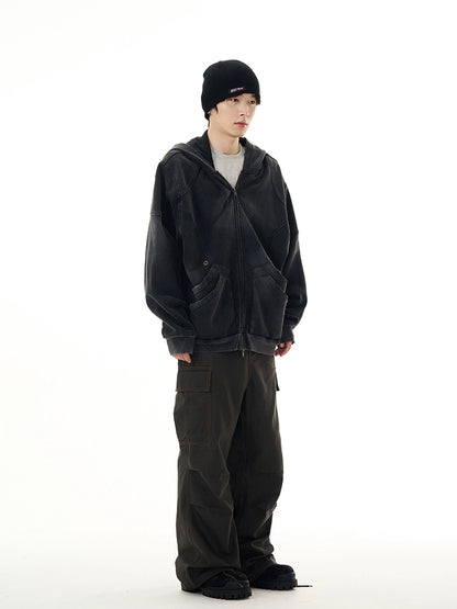 Washed Double Pocket Zipper Hoodie WN7677