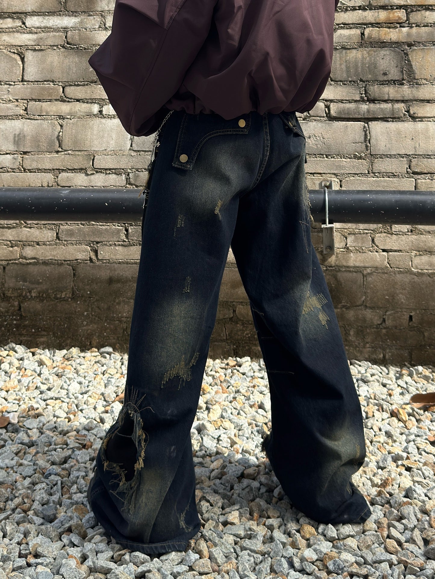 Heavyweight Patchwork Wide Leg Raw Hem Denim Jeans WN22992