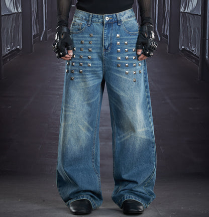 Heavy Metal Stud Whisker Wash Straight Denim Jeans WN22883