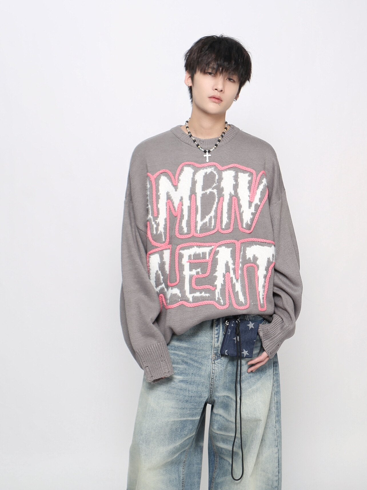Oversize Damage Letter Graphic Print Knit Sweater WN24446 – WONDER