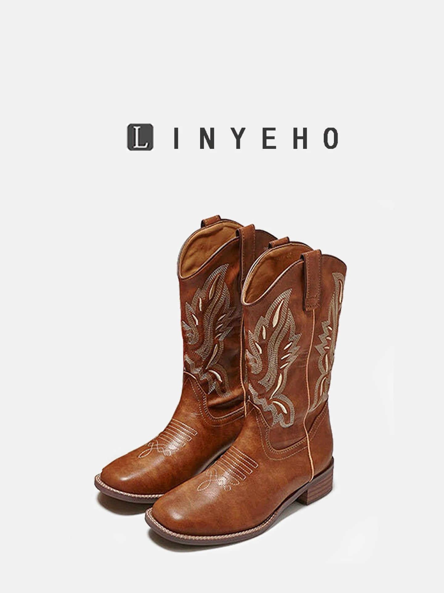 Embroidery Square-Toe Mid-Calf Boots WN20608