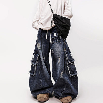 Number Patch Damage Wide Leg Cargo Denim Jeans WN24012
