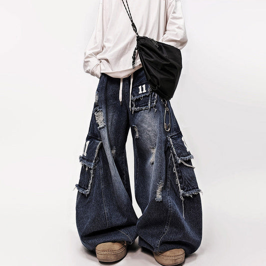 Number Patch Damage Wide Leg Cargo Denim Jeans WN24012