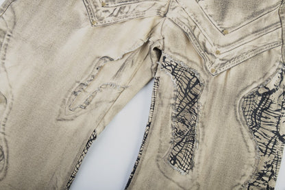 Washed Gradient Metal Stud Curved Wide Leg Denim Jeans WN27875