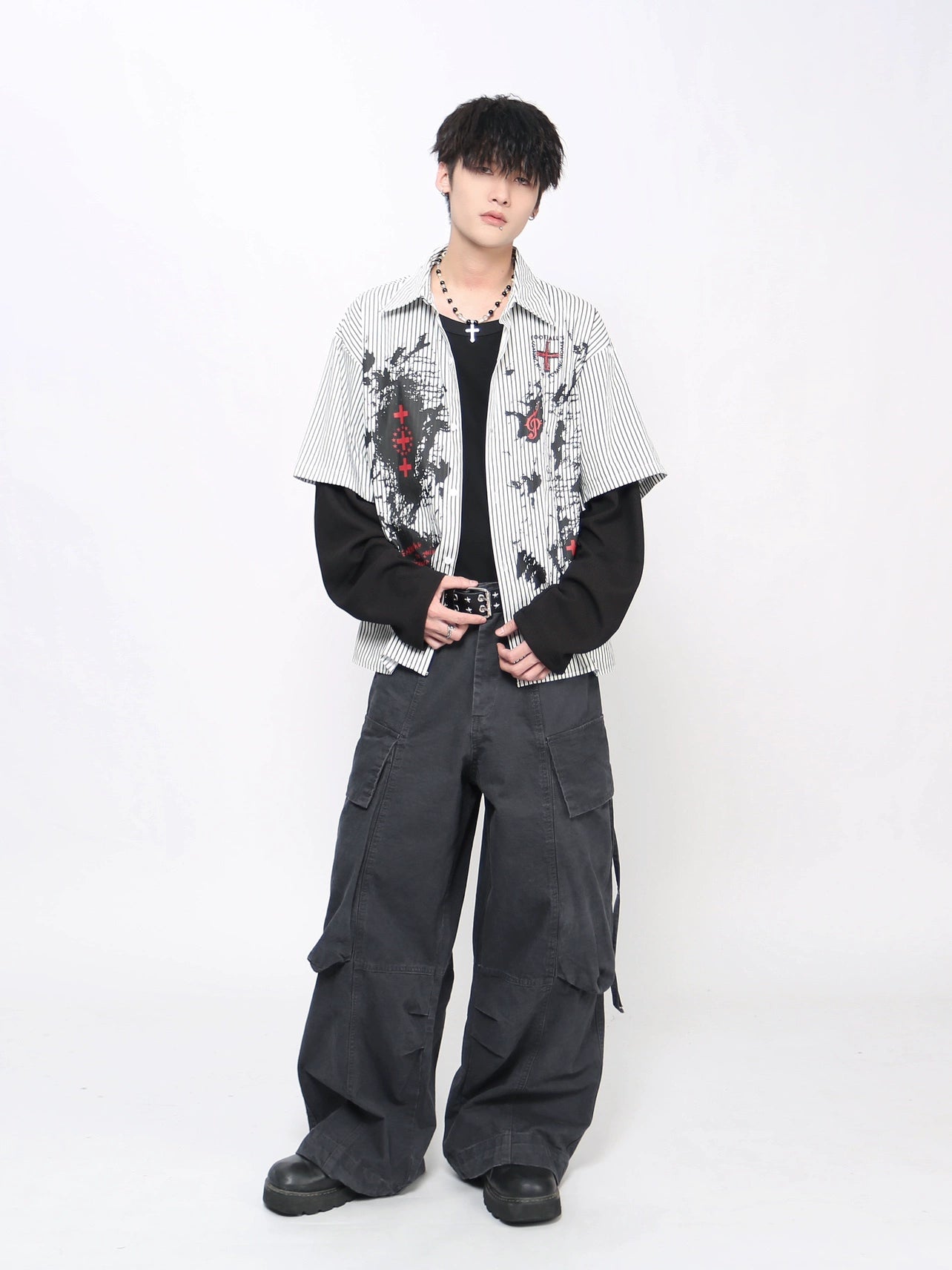 Graffiti Gothic Print Fake Layered Long Sleeve Shirt WN21028