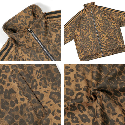 Leopard Design Stand Neck Zipper Jacket & Wide Leg Pants Setup WN18570