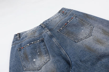 Washed Paint Damage Wide Leg Denim Jeans WN25394