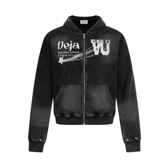 Washed Rivet Design Letter Print Short Zipper Hoodie WN21917
