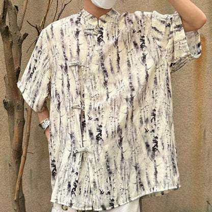 Tie-Dye Frog Button Standing-Collar Short Sleeve Shirt WN19977