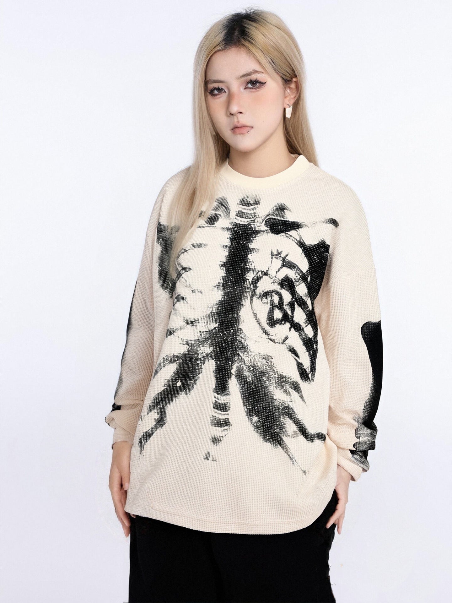 Skeleton Print Waffle Long Sleeve T-Shirt WN25476