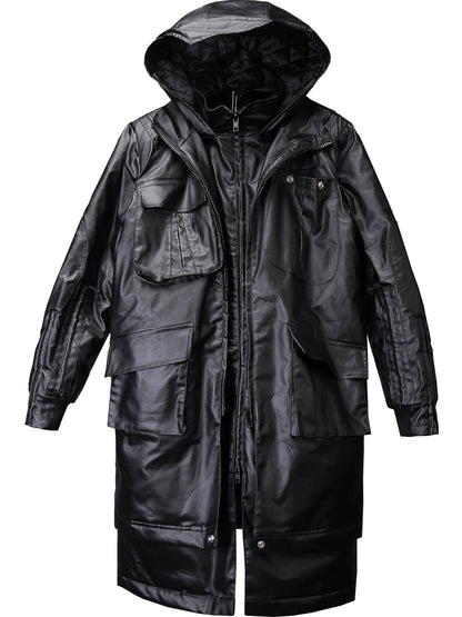 Hooded Fake Layered Large Pockets Wax Dye Coat WN22420