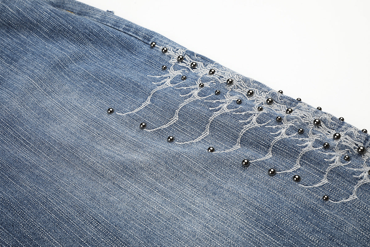 Embroidery Bead Wide Leg Short Denim Pants WN25628