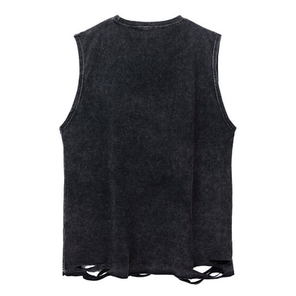 Wide Shoulder Cross & Heart Print Damage Tank Top WN16514