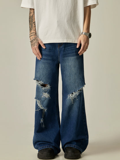 Damage Wide-Leg Straight Denim Jeans WN7762