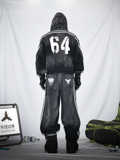 Washed Stripe Print Zipper Hoodie & Sweaetpants Setup WN20833