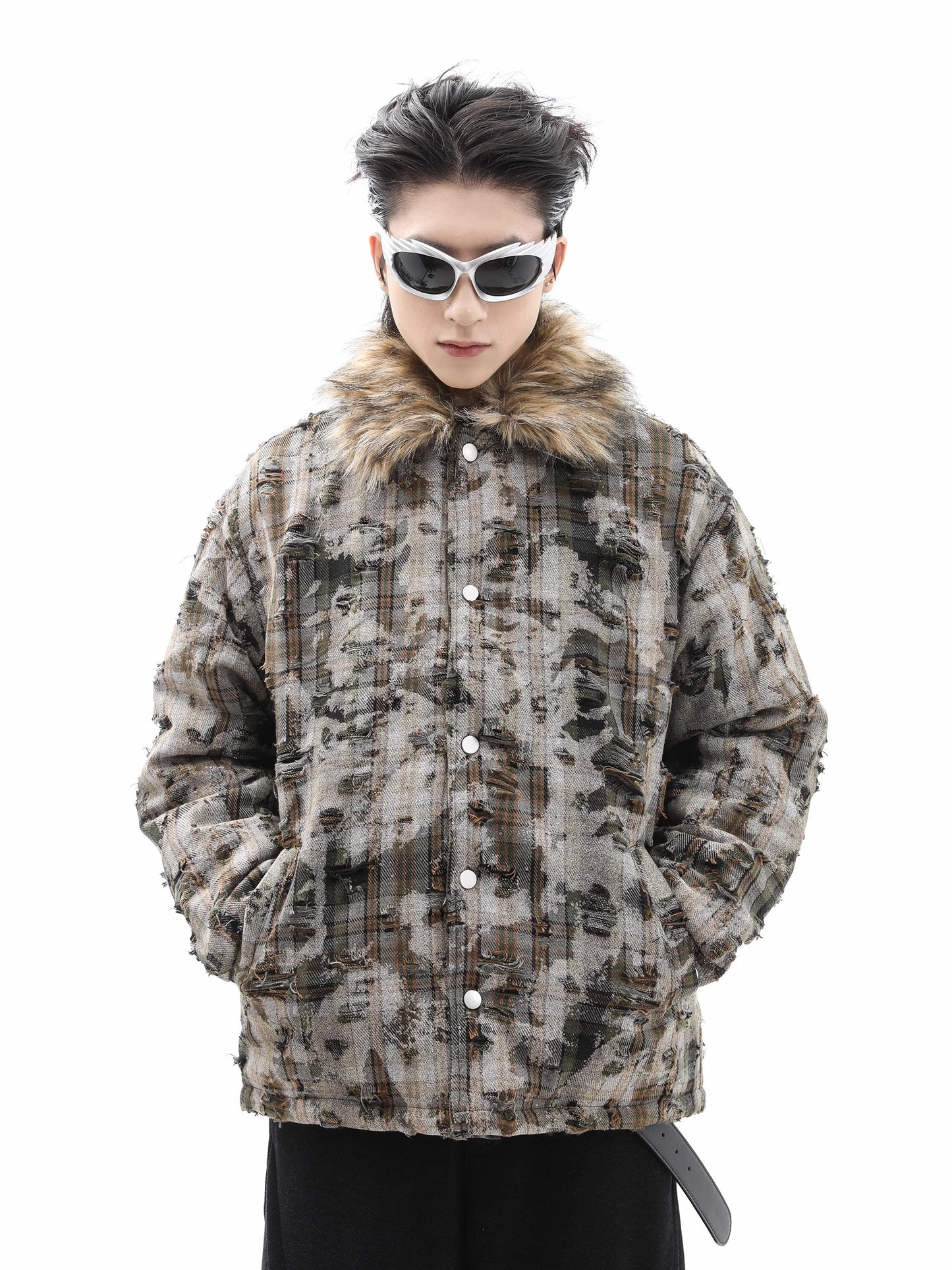 Detachable Fur Plaid Thickened Puffer Jacket WN10358