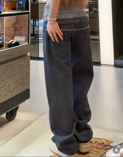 Double Waist Studs Detail Wide Leg Denim Jeans WN28026