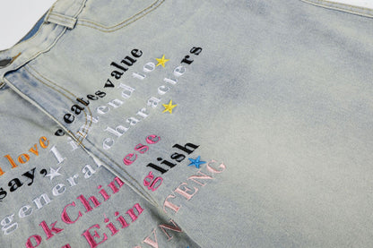 Letter Star Print Denim Half Jeans WN25412