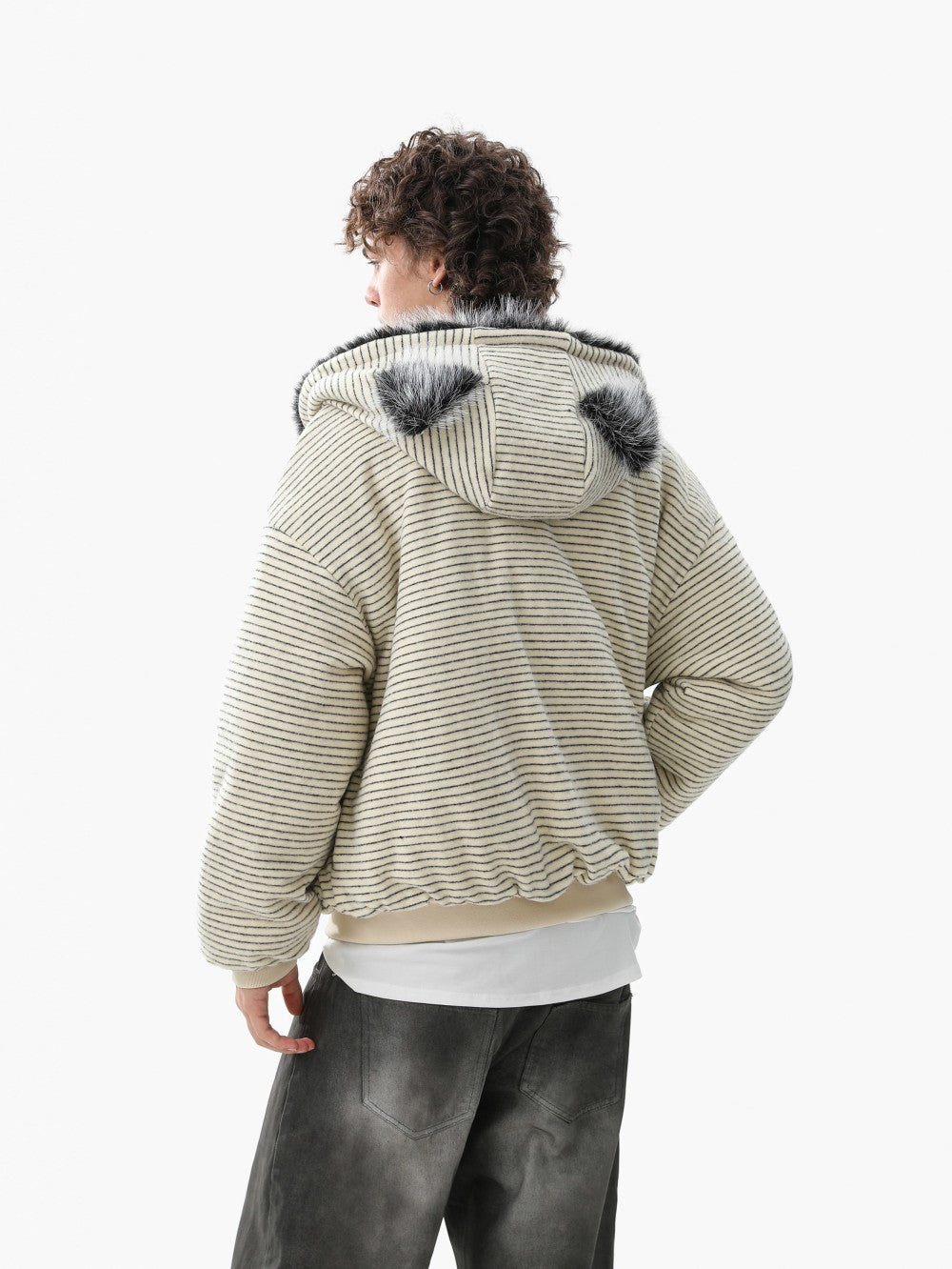 Fake Fur Collar Stripe Zipper Jacket WN28119