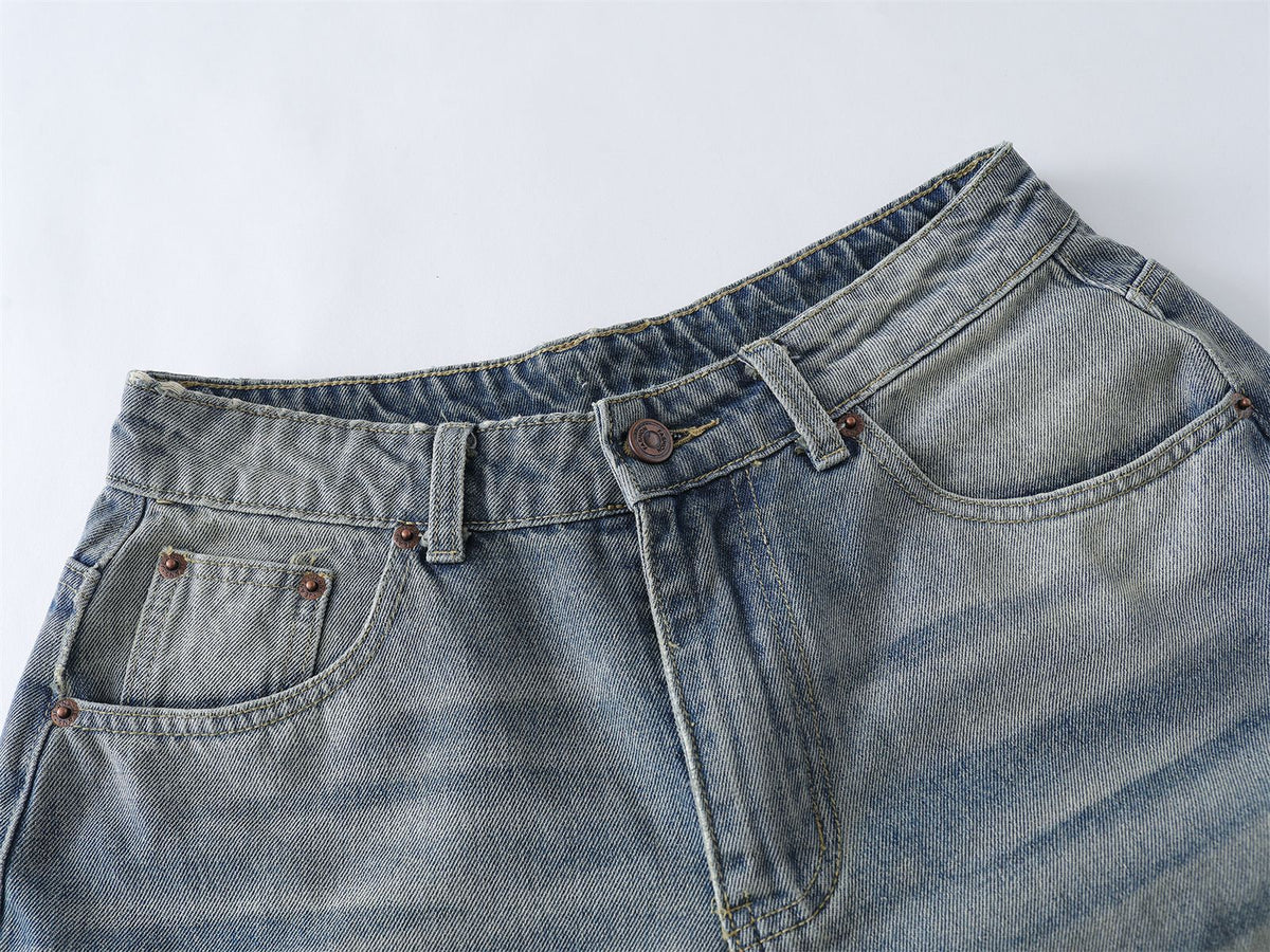 Washed Patchwork Raw Edge Cropped Denim Pants WN26827