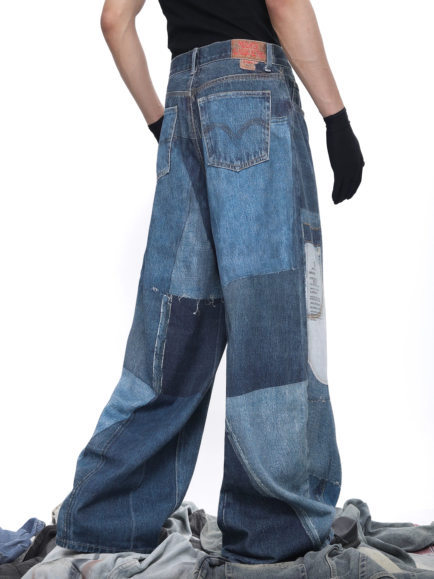 Patch 3D Print Color Block Wide Leg Denim Jeans WN18683