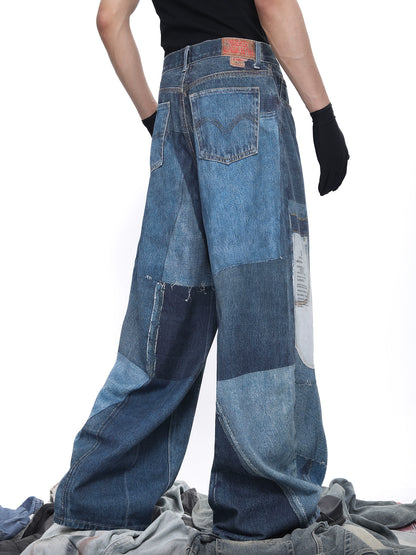 Patch 3D Print Color Block Wide Leg Denim Jeans WN18683