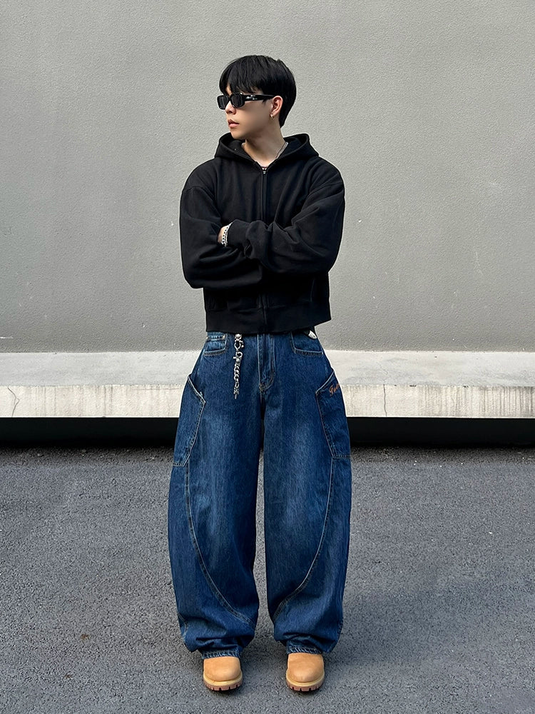 Dark Blue Baggy Wide Leg Denim Jeans WN19424