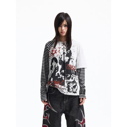Fake Layered Raglan Sleeve Graffiti Print Long Sleeve T-Shirt WN27365