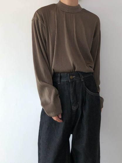 Pleats Stripe High-Neck Long Sleeve T-Shirt WN19984