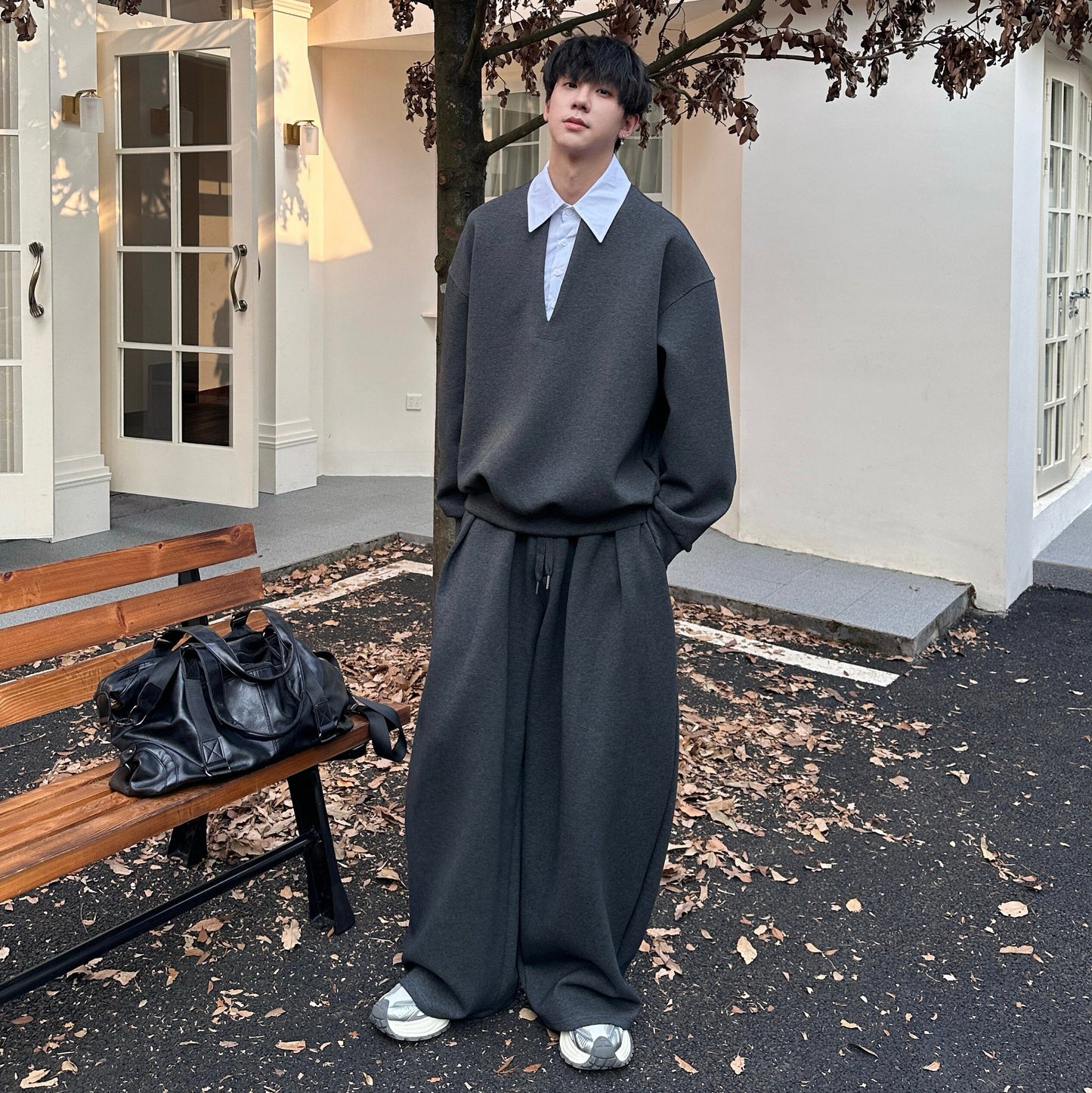 Fake Layered Sweatshirt & Wide Leg Pants Setup WN25192