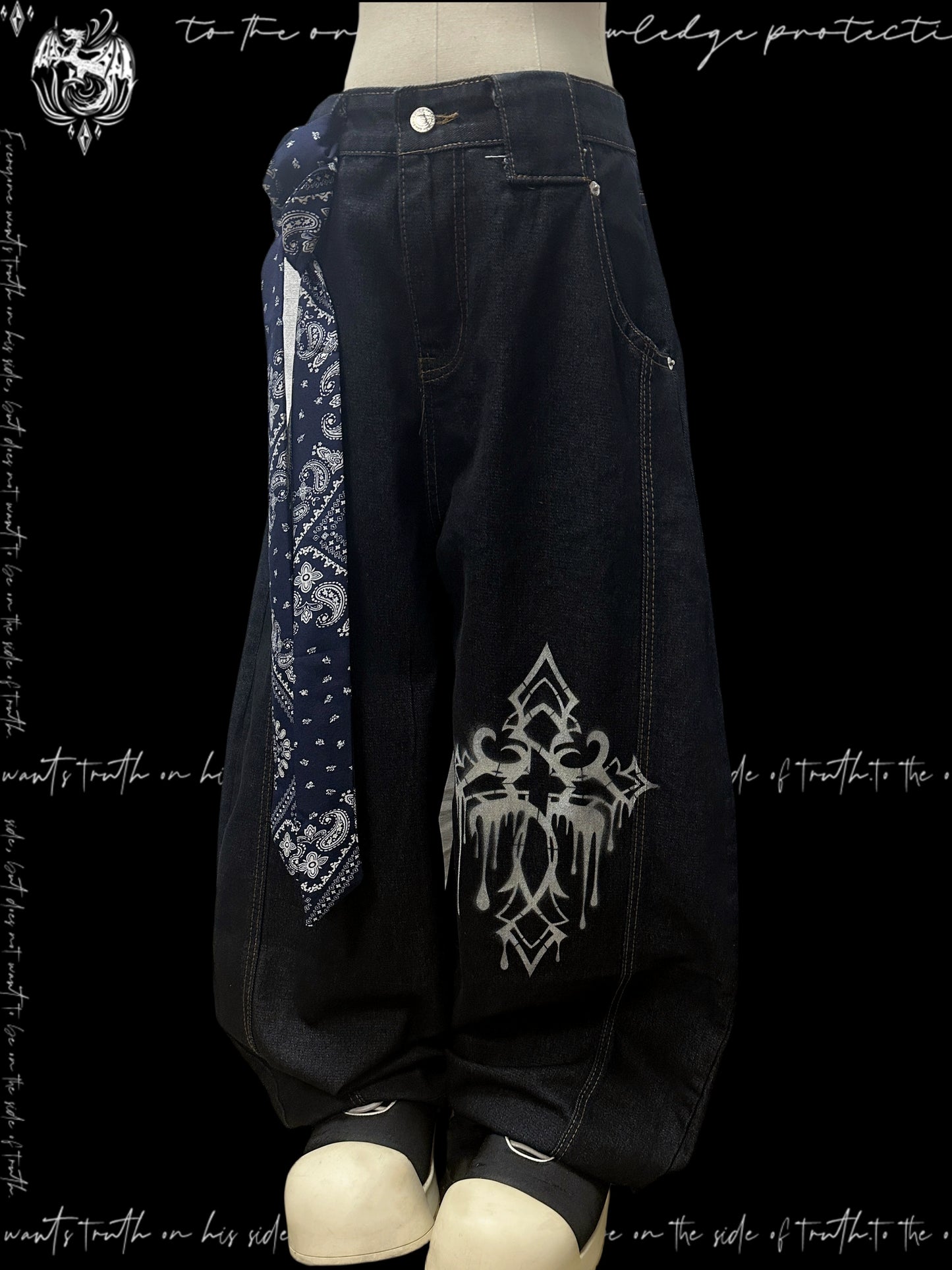 Ink Drop Thorn Scimitar Cross Wide Leg Denim Jeans & Skull Belt & Scarf WN20120
