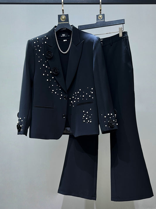 Beaded Rhinestone Oversize Tailored Jacket & Flare Trousers Setup WN23880