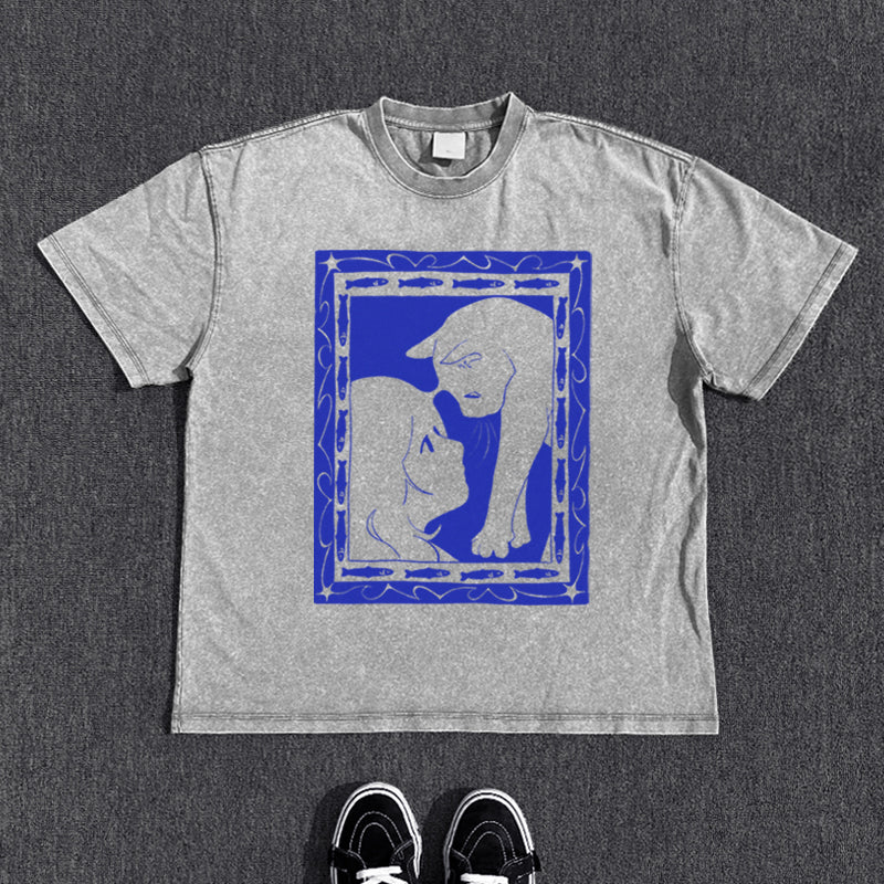 Cat Print Washed Short Sleeve T-Shirt WN15823