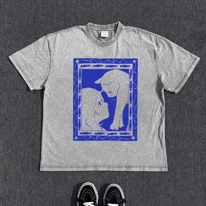 Cat Print Washed Short Sleeve T-Shirt WN15823