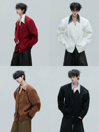 Fake Layered Pearl Embellished Lapel Thick Knit Cardigan WN21722